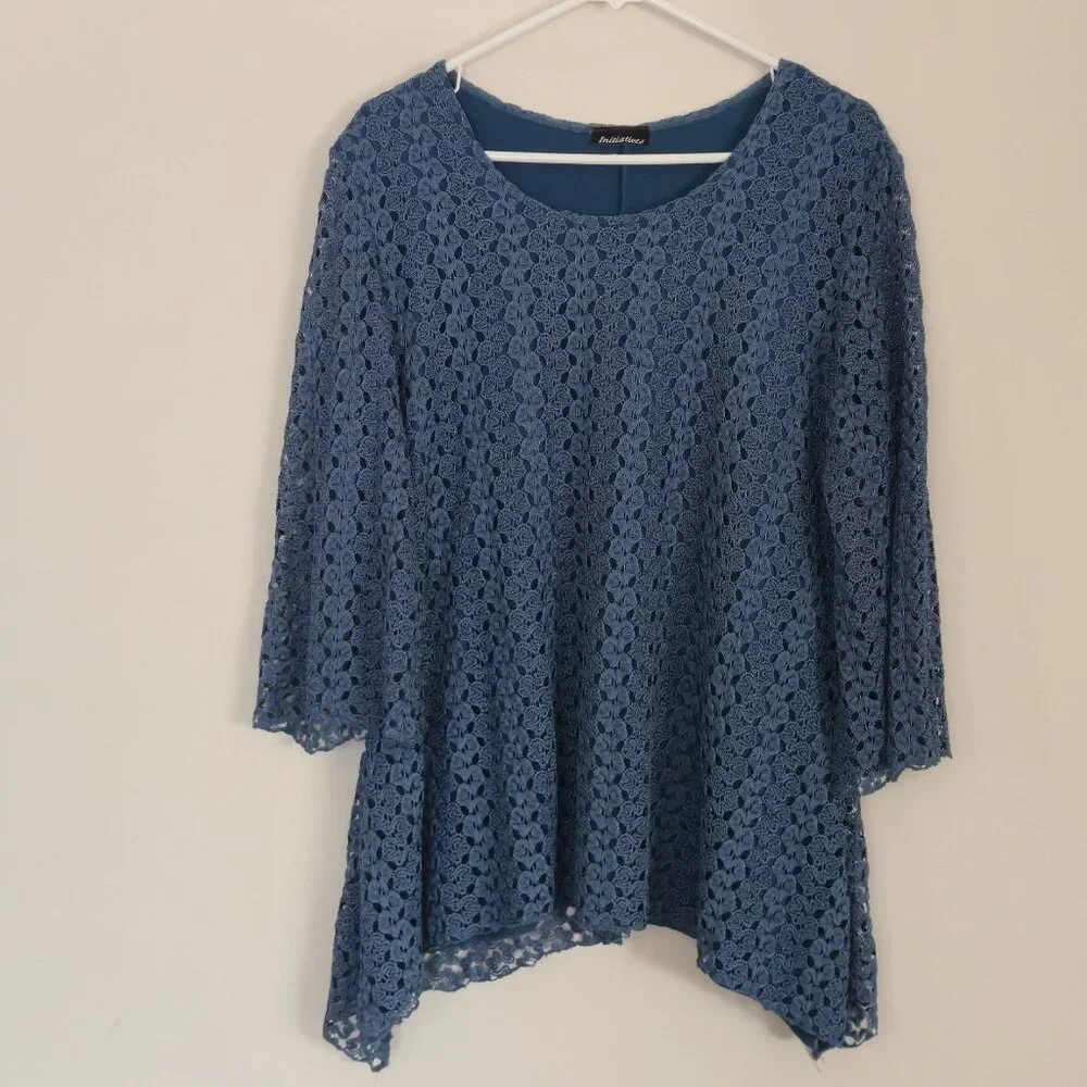 Initiatives Lined Teal Blue Lace Tunic Sharkbite Hem Crochet Lagenlook Blouse XL - Picture 2 of 10